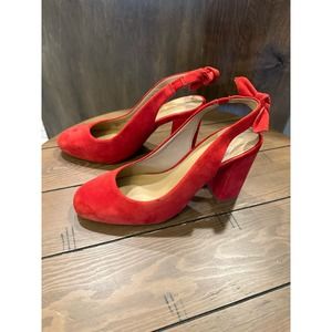 Anthropologie Red Suede Bow Back Tied Sling Women High Heels size 8